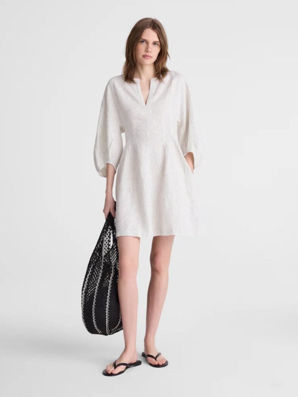 Madewell Splitneck Mini Dress-linen-lighthouse-white with strip-NWT